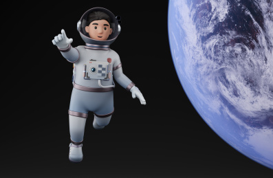 星球背景中3d宇航员人物伸手点击姿势