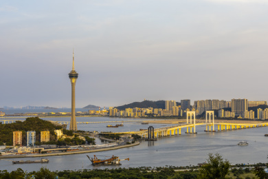中国澳门城市旅游观光塔城市傍晚风光