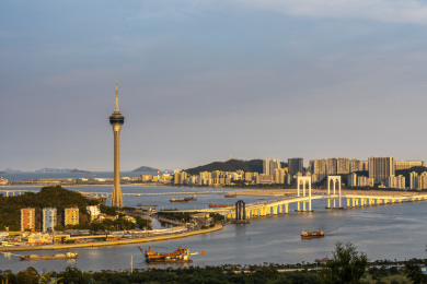 中国澳门城市旅游观光塔城市傍晚风光