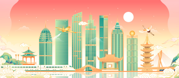 江苏无锡城市天际线建筑插画