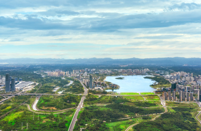 中国四川省成都市天府新区兴隆湖全景航拍图