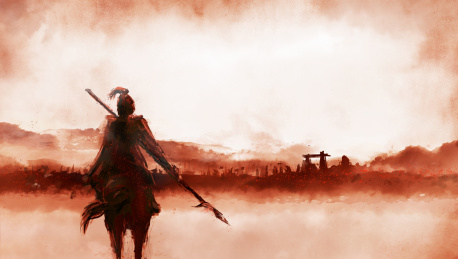 古代一将军战场面对敌人大营水墨插画