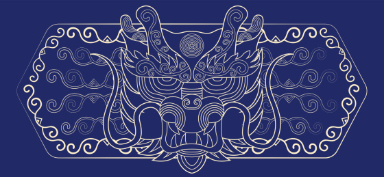 龙十二生肖传统中国风纹样金色线描矢量插画