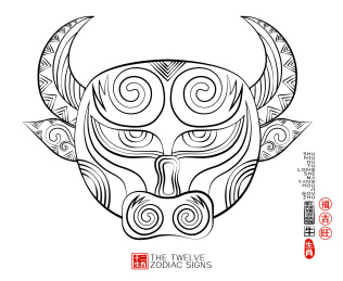 十二生肖牛简约潮流中国风线描纹样矢量插画