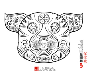十二生肖猪简约潮流中国风线描纹样矢量插画