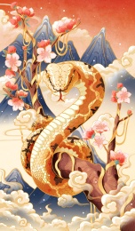 桃花树上的蛇国潮节日插画