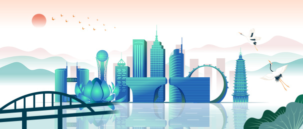 中国江苏常州市城市天际线国潮清新插画