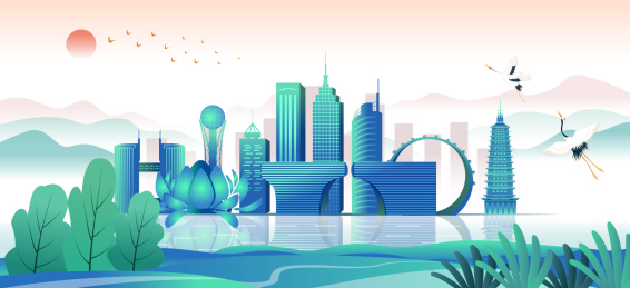 中国江苏常州市城市天际线国潮清新插画