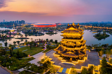 航拍中国四川成都东安湖体育公园晚霞和夜景