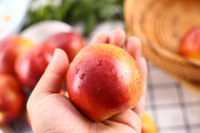 手拿清洗过的新鲜水果油桃