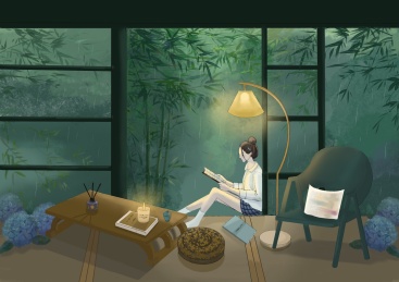 穿着白衬衣的女孩坐在竹林里读书