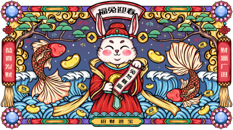 兔年春节兔子国潮插画