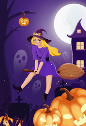 万圣节插画--骑扫把的小女孩