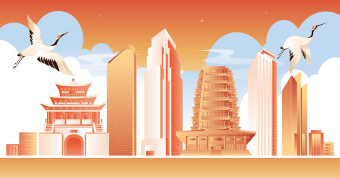 淄博城市天际线卡通插画