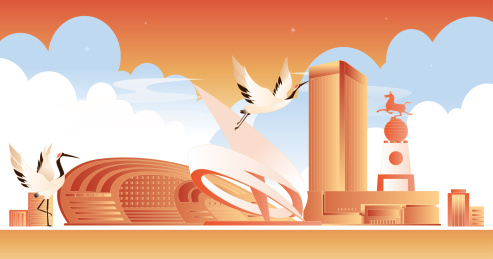 德州城市天际线卡通插画