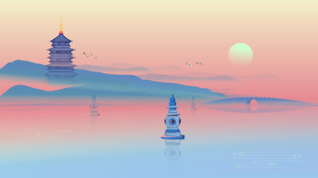 傍晚的杭州西湖和雷峰塔插画