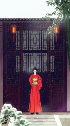 中国风冬天户外明代官员古建筑手绘插画