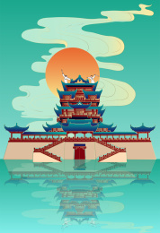 国潮古典建筑宫殿决战矢量插画海报模板