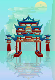 国潮古建筑少数民族桥塔矢量插画海报模板