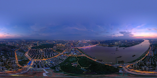 湘江日落晚霞夜景全景航拍