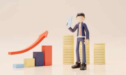 3d渲染卡通人物在金币前手持计划书