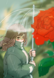 插画雨中打伞的玫瑰花和少女