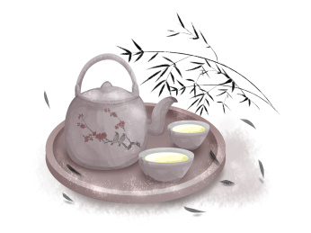 复古茶壶茶杯托盘竹子水墨古风茶文化元