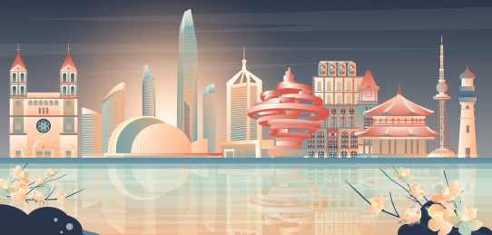 青岛地标建筑群矢量节日插画夜景
