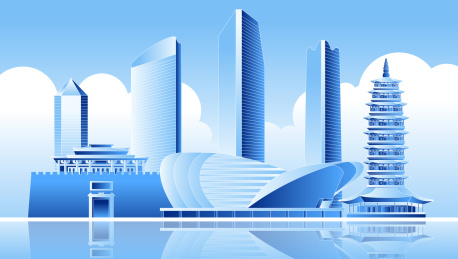 蓝色金华城市标志建筑矢量插画