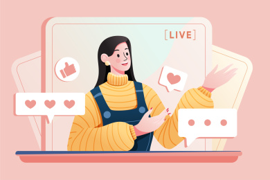 扁平风美女主播在线直播卖货上课插画