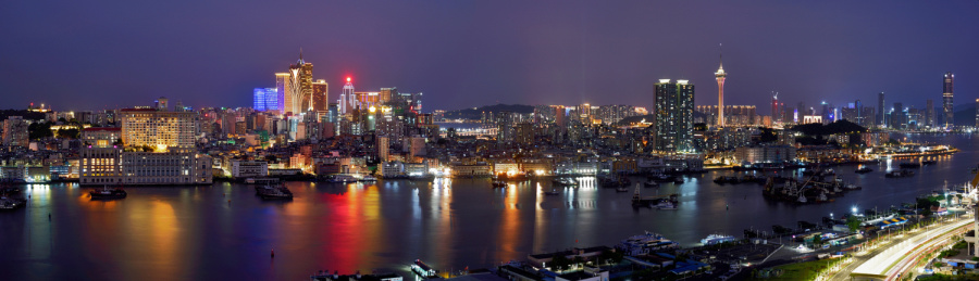 中国澳门城市建筑风光夜景全景图