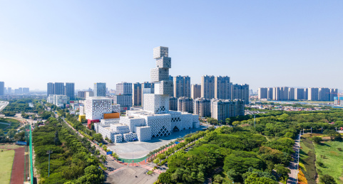 中国佛山新城佛山坊塔建筑群航拍风光