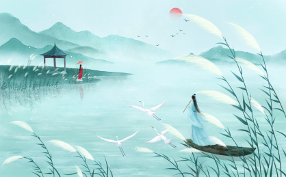 中国风插画诗经唯美画卷蒹葭