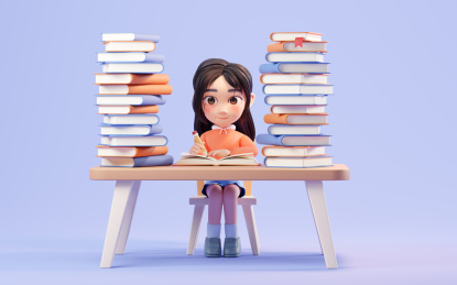 认真学习的卡通女孩3D渲染