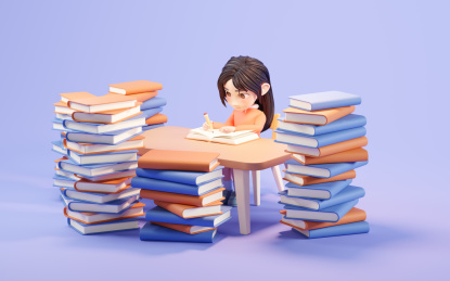 认真学习的卡通女孩3D渲染
