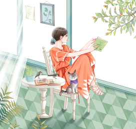 手拿书本侧身看窗外的小资美少女