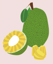 整颗带叶子的菠萝蜜和剥开的菠萝蜜