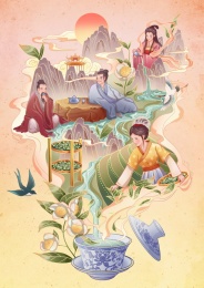 采茶喝茶会友图