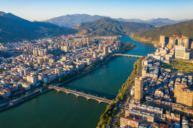 中国福建省三明市将乐县江滨城市建筑风光