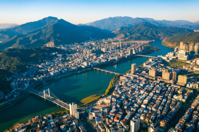 中国福建省三明市将乐县江滨城市建筑风光