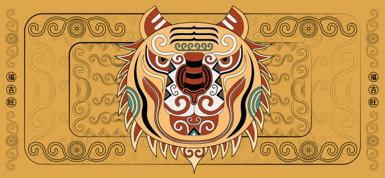 寅虎十二生肖国潮传统艺术装饰纹样卡通形象