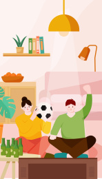 情侣在家看电视球赛扁平插画