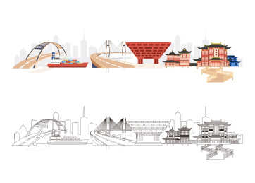 卢浦南浦大桥世博园豫园上海外滩建筑插画