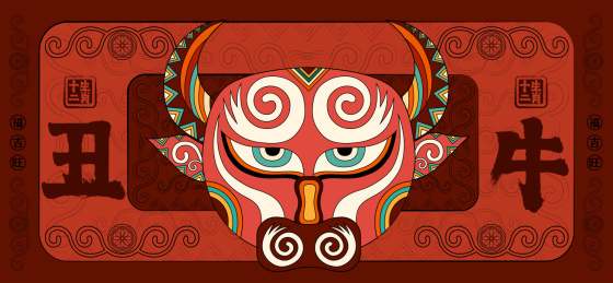 国潮丑牛十二生肖潮流纹样线描装饰卡通形象