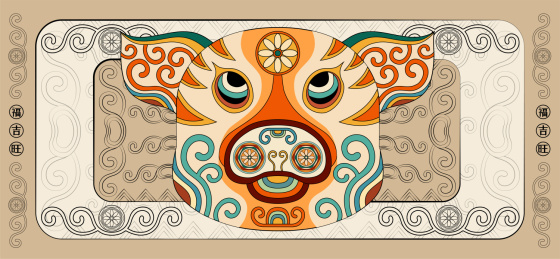 国潮线描纹样十二生肖猪潮流卡通形象