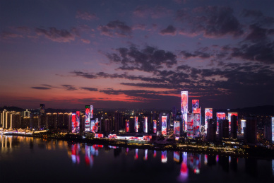 长沙滨江新城CBD湘江晚霞夜景航拍