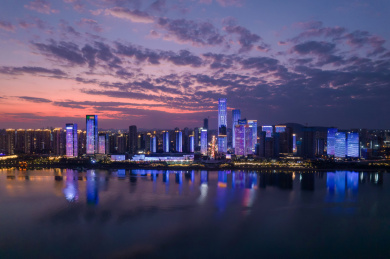 长沙滨江新城CBD湘江晚霞夜景航拍