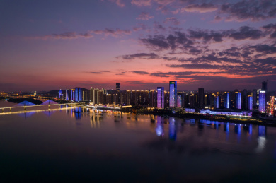 长沙滨江新城CBD湘江晚霞夜景航拍