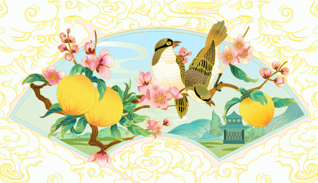 两只鸟在黄桃树上栖息