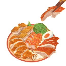 中国风广式烧腊四宝饭餐饮美食矢量插画